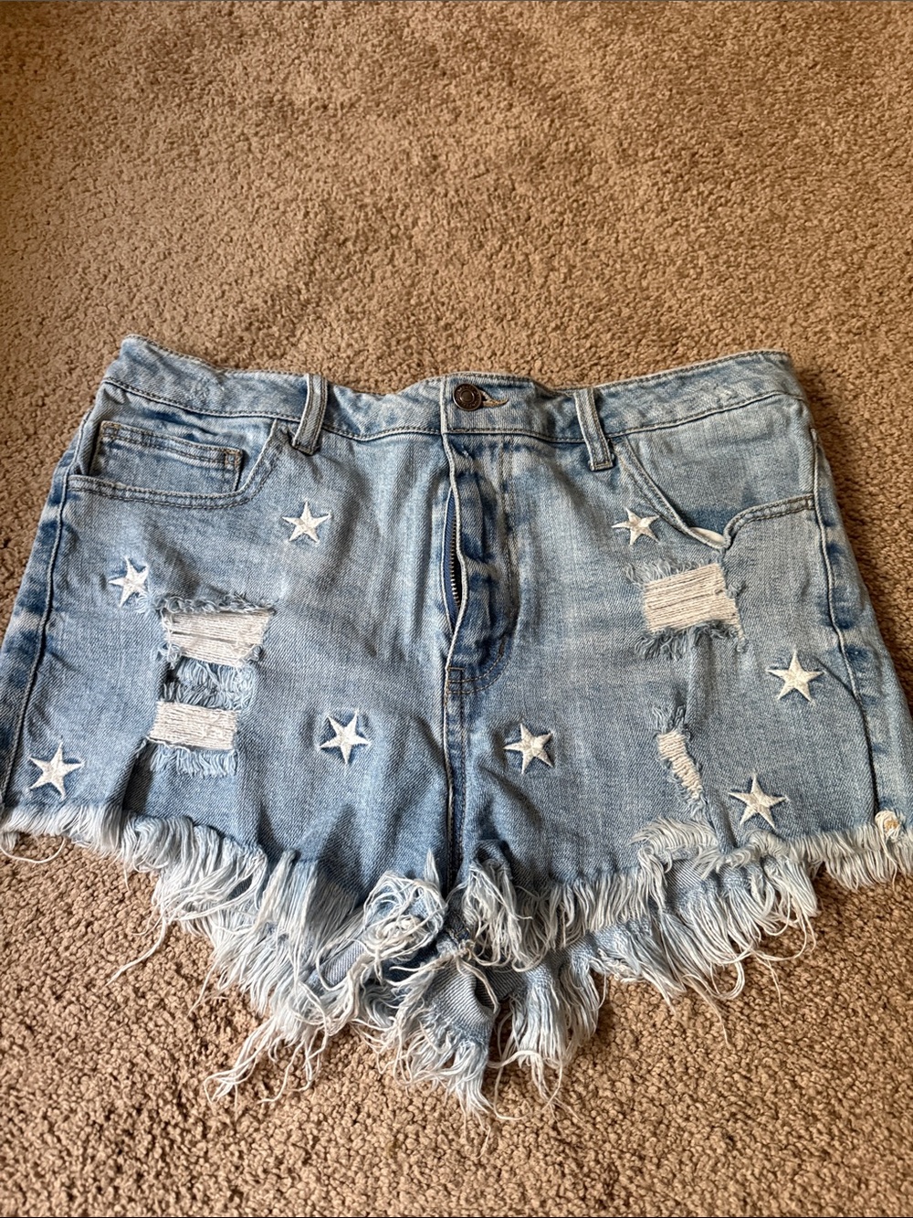 Light Wash Star Embroidered Denim Cutoff Shorts